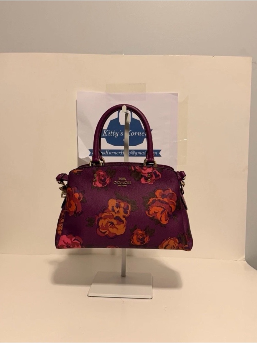 NWT Coach Mini Lillie Carryall in Dark Magenta Multi Jumbo Floral Print.